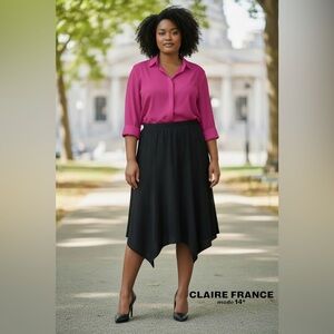 Claire France 14+ Flared Asymmetrical Skirt, 1X Plus Size, Stretch, Black